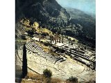 The temple of Apollo at Delphi standing on a high stone platform and behind it an amphitheatre on a majestic scale